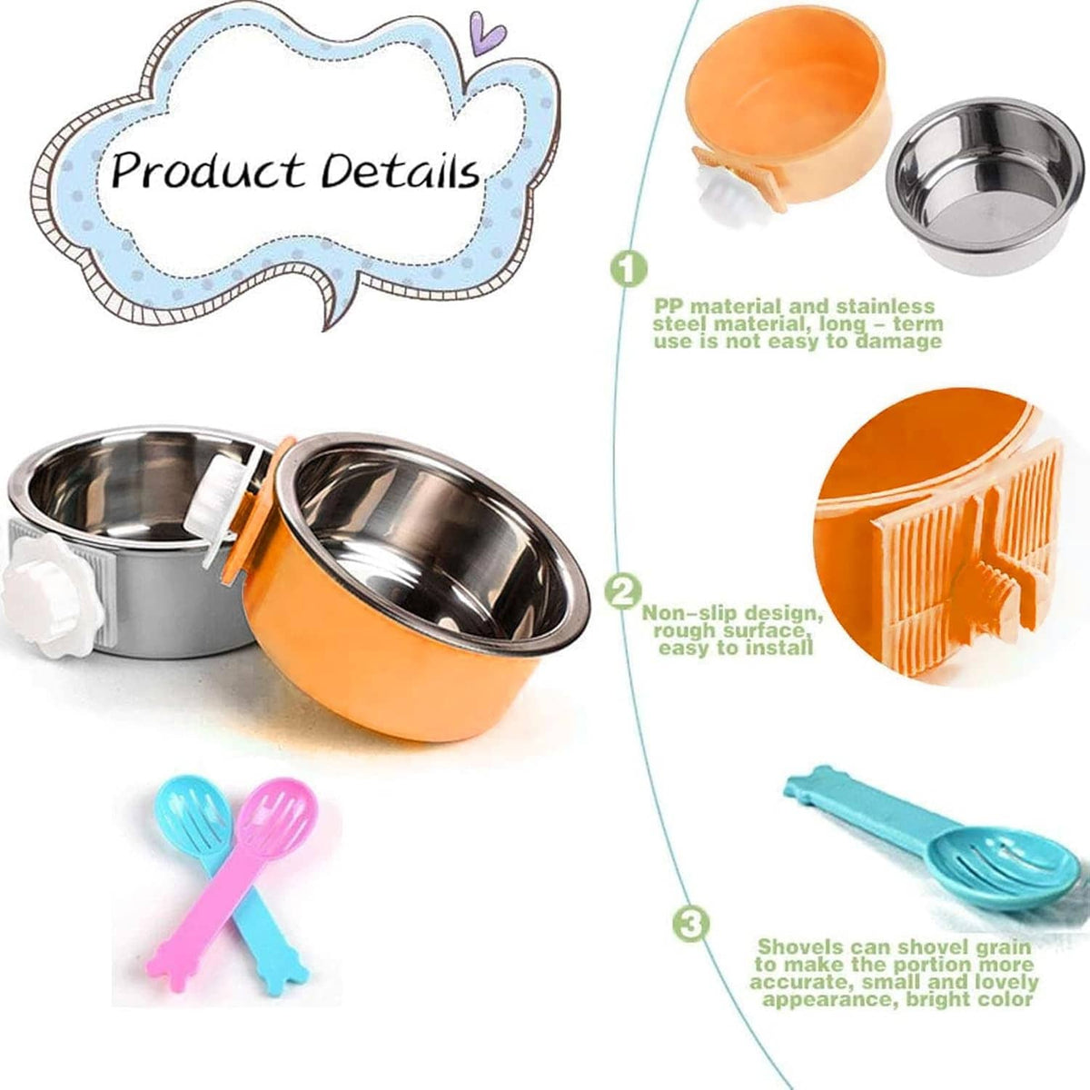 Orange and stainless steel pet bowls with blue feeding shovels and spare parts