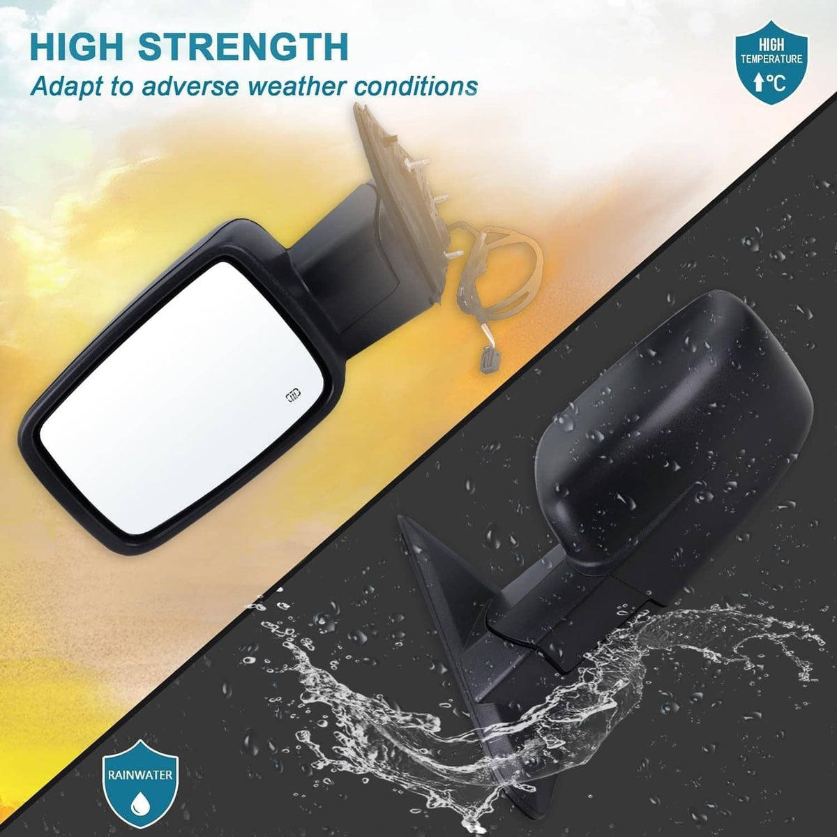 Heated side mirror with black housing, water droplets on front glass