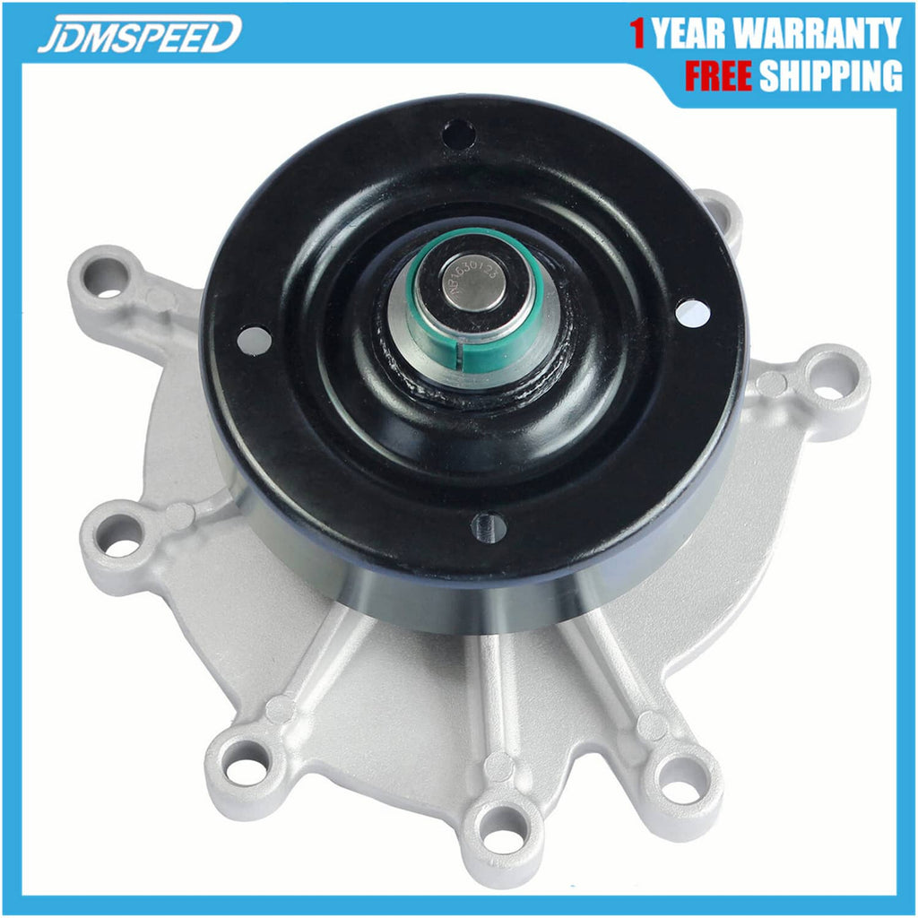 Engine water pump assembly with black pulley, green-sealed center, and silver mounting base