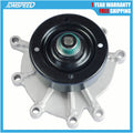 Engine water pump assembly with black pulley, green-sealed center, and silver mounting base