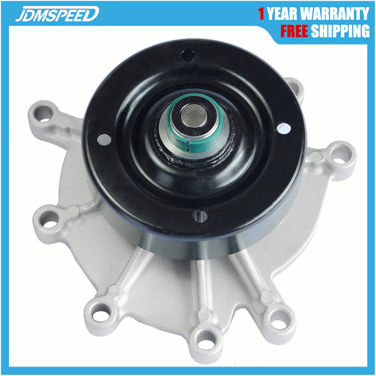 Engine water pump assembly with black pulley, green-sealed center, and silver mounting base