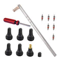 Tire valve stem installation tool set with red handle, valve stems, and rubber caps