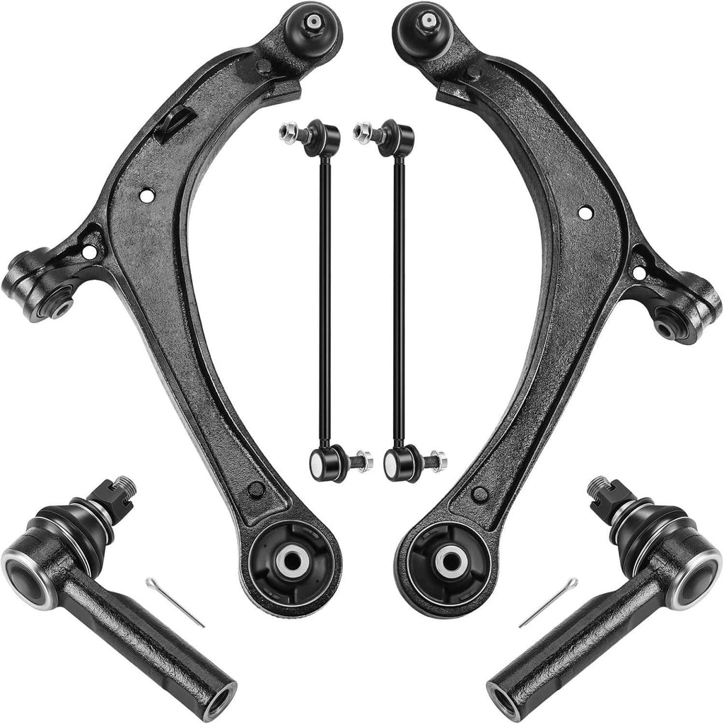 Two black lower control arms with ball joints, bushings, and link rods