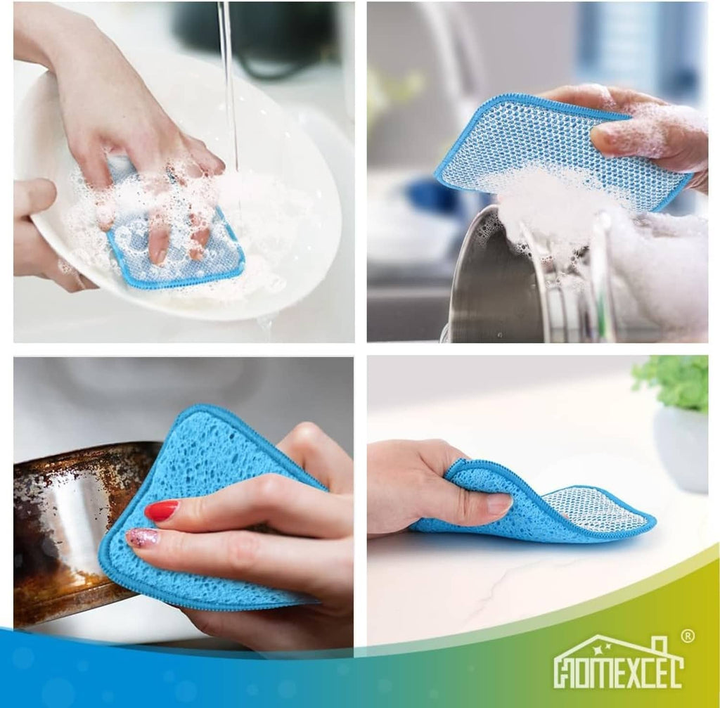 Blue wire dishcloth and sponge scrub pad shown during sink and pan cleaning