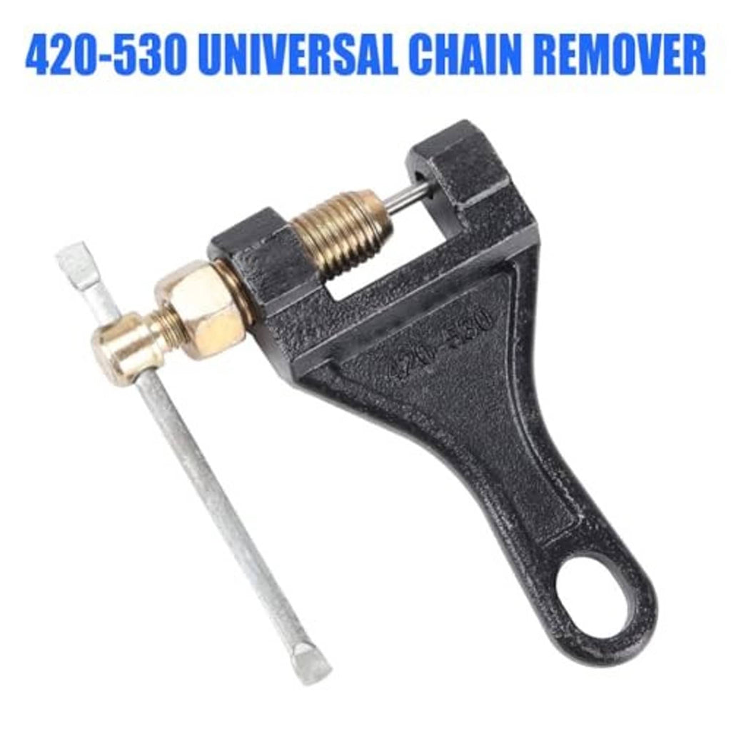 Metal chain remover tool with black handle and threaded pin, for opening motorcycle chain links