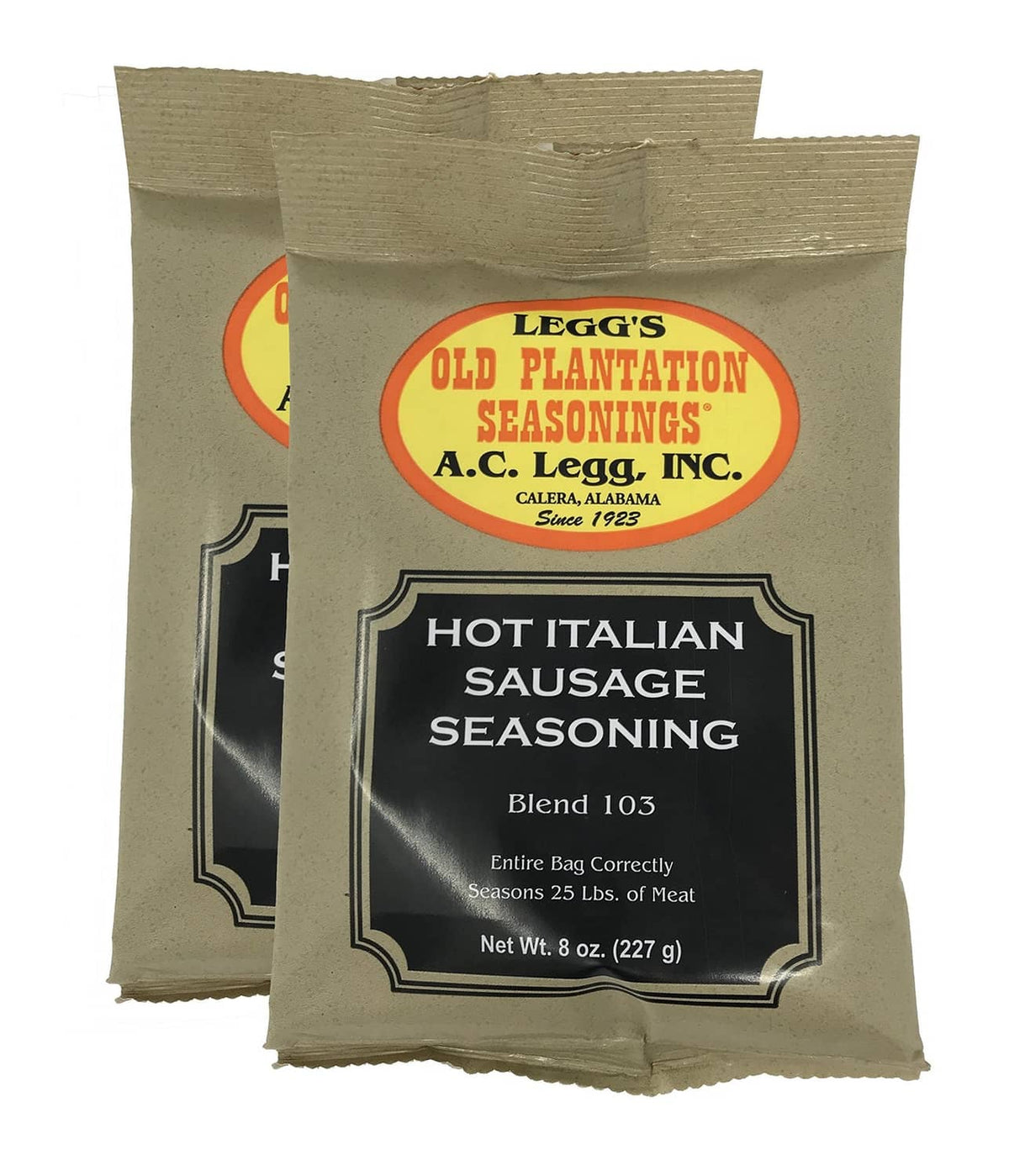 A.C. Legg's Hot Italian Sausage Seasoning pouch, two 8 oz packs, front label