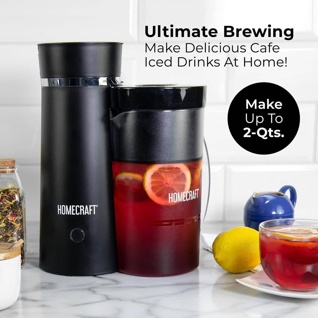 Black Homecraft iced drink maker with pitcher of red tea and citrus accents
