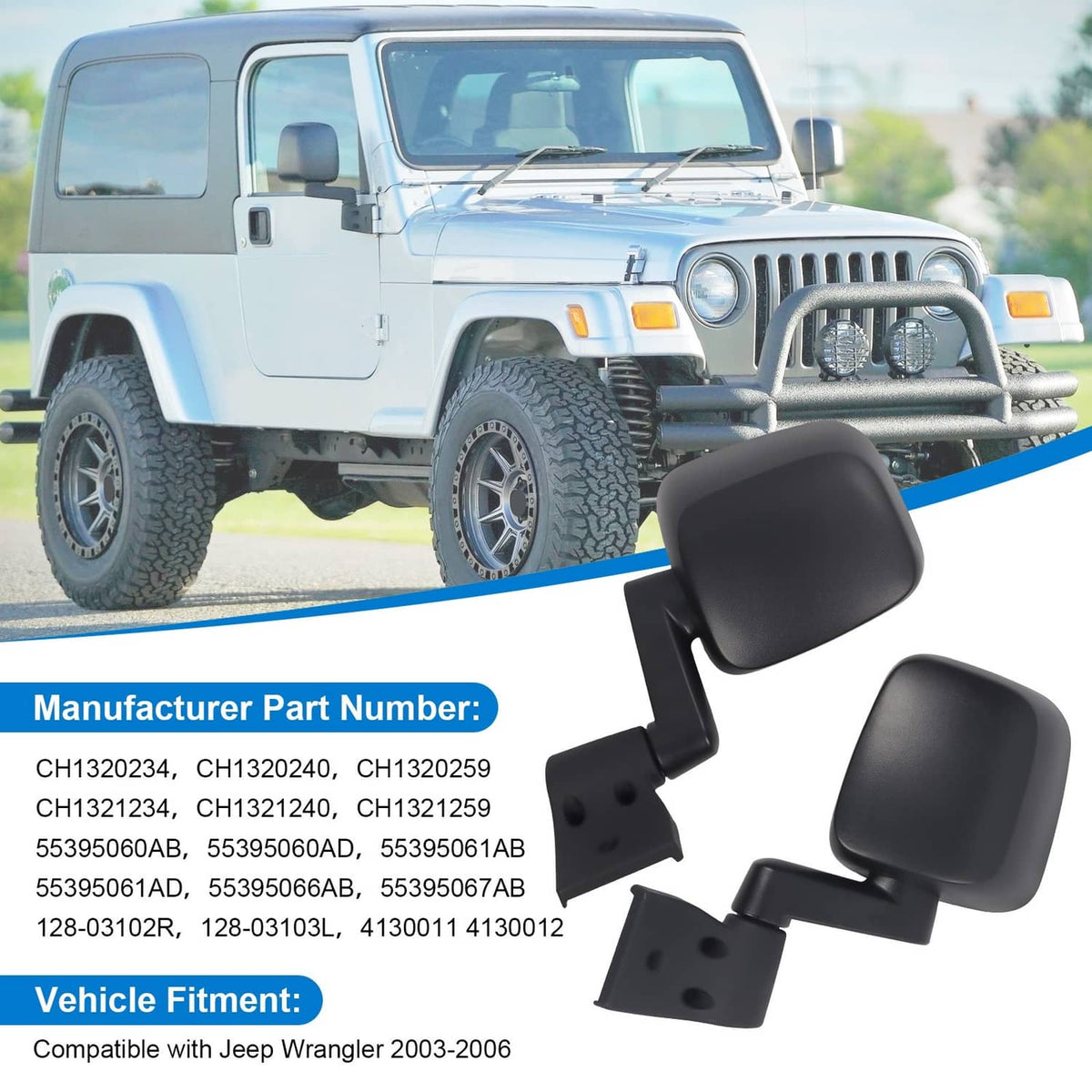 Black manual folding side mirrors with brackets shown near a vehicle corner