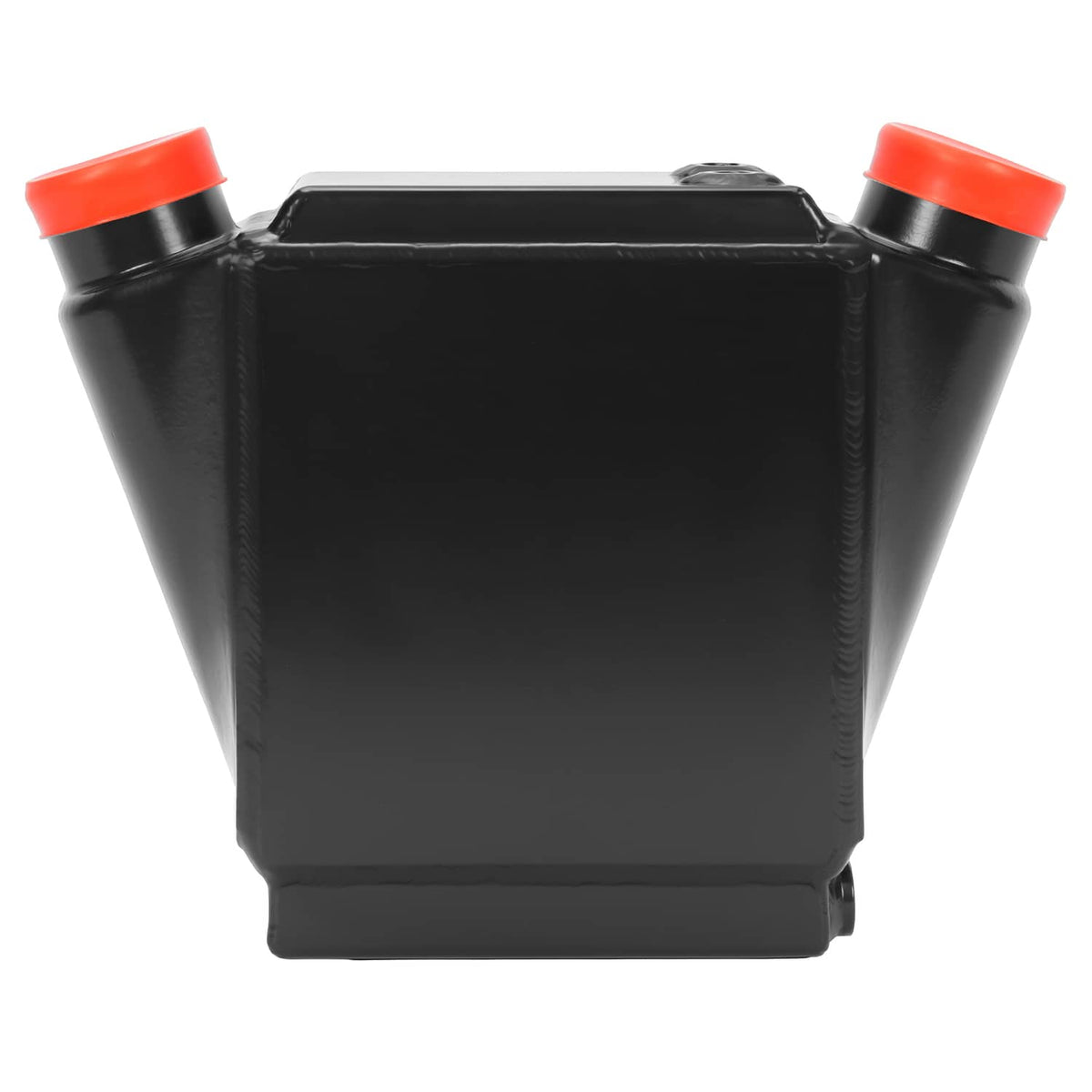 Water intercooler reservoir with red caps on black housing, top fasteners visible