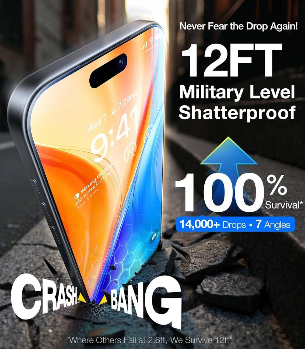 Clear 9H+ screen protector on iPhone 16 Pro, angled view with shatterproof shield