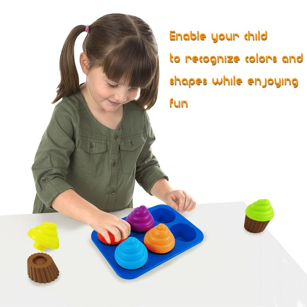 Toddler toy cupcakes and blue tray with removable rainbow-colored shapes