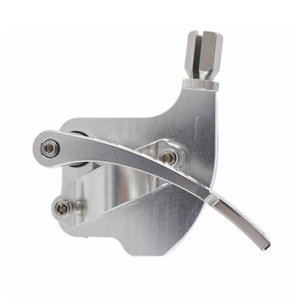 Billet thumb throttle assembly lever detail, brushed silver with pin and arm