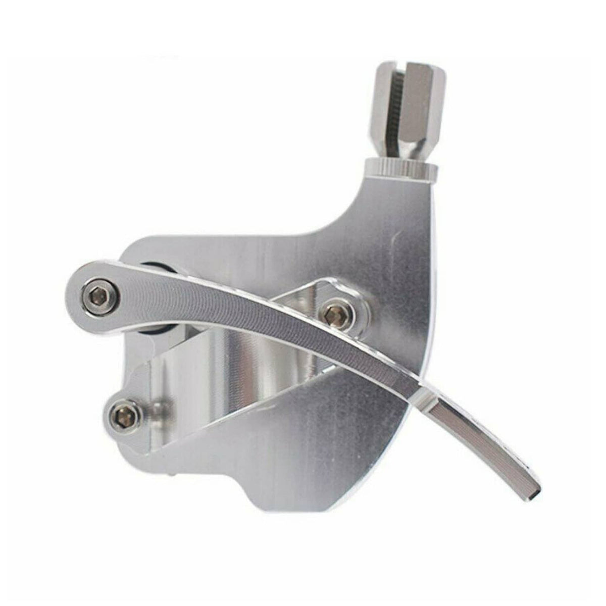 Billet thumb throttle assembly lever detail, brushed silver with pin and arm