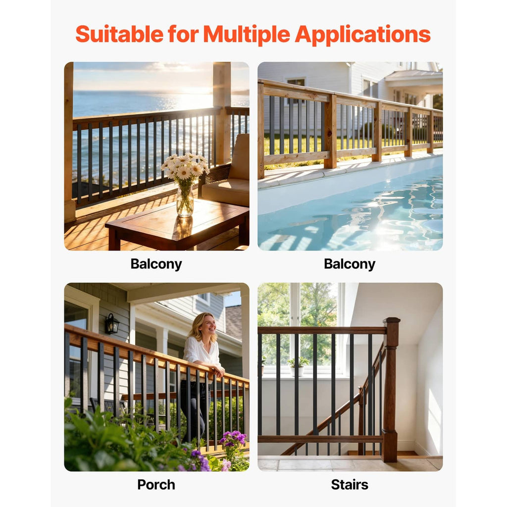 Black steel railing balusters for outdoor stairs and balcony railings, rectangular bars