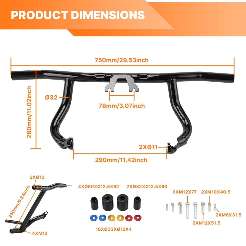 Black crash bar kit shown with product dimensions diagram and mounting bracket shapes