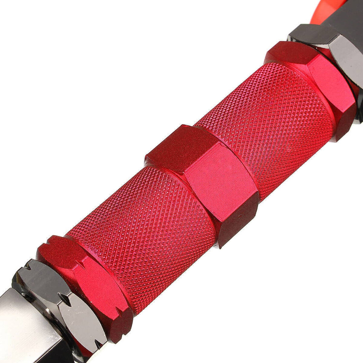 Red adjustable control arm pair with black hardware and metal bracket plates
