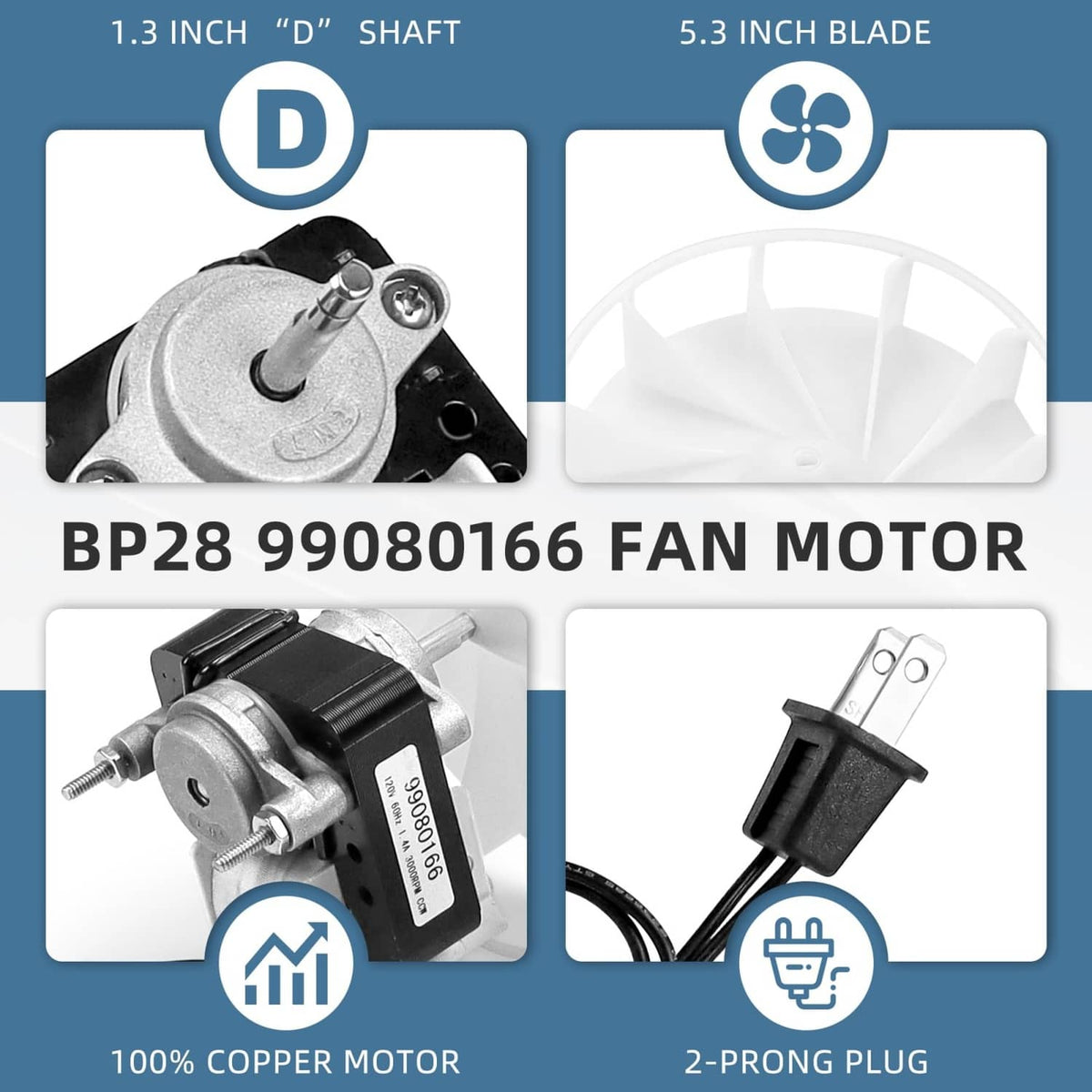 Exhaust fan motor with mounting base and two-prong power plug, black and silver