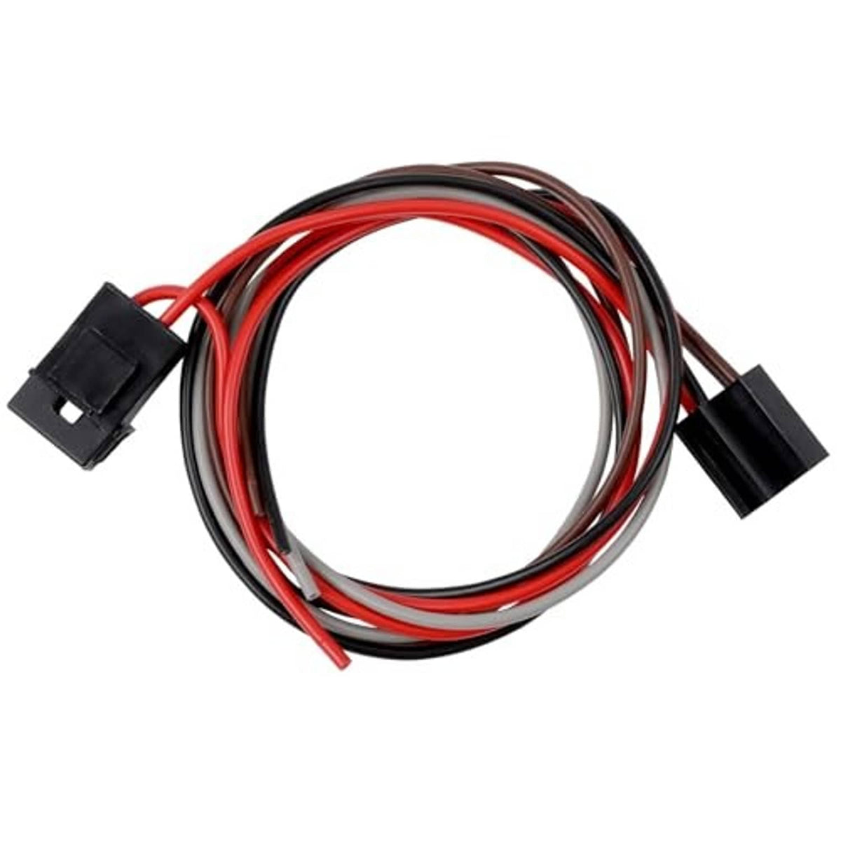 Coiled dual radiator fan wiring harness with black connector plugs and red wire leads