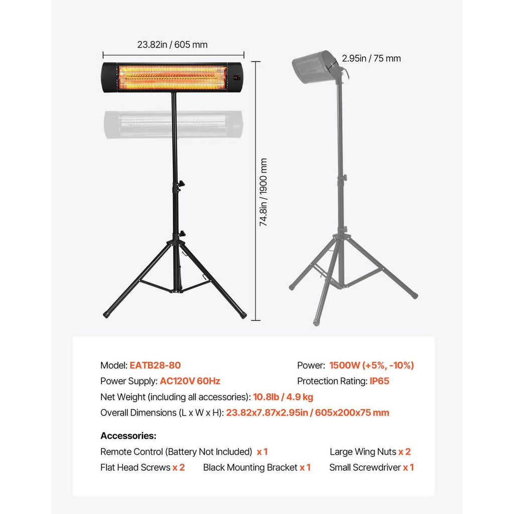 Infrared space heater with heating tube and tripod stand showing size dimensions