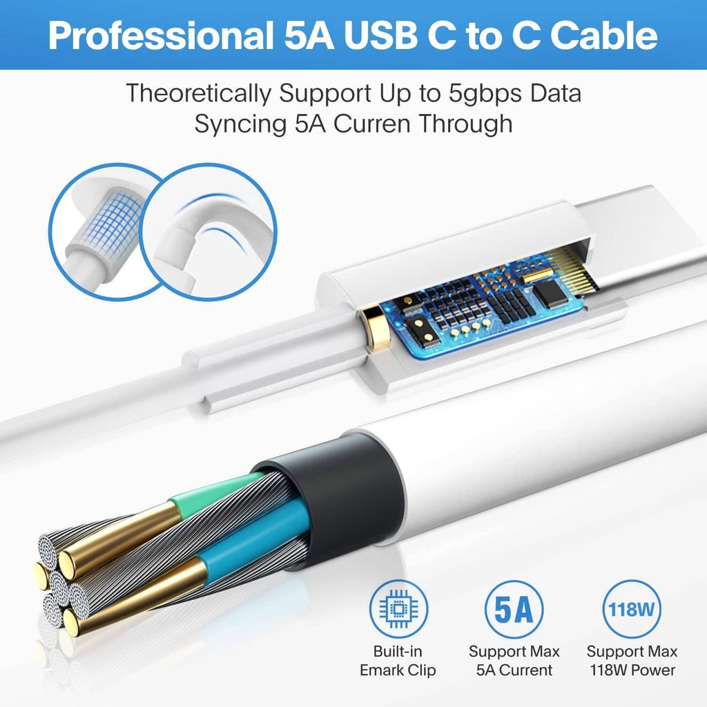 White USB-C to USB-C cable with 5A data and built-in emark clip