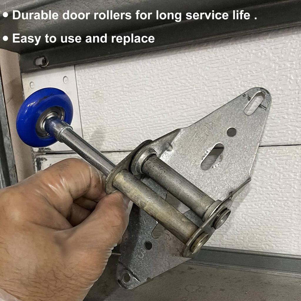 Garage door roller bracket with blue sealed wheels and silver shafts, being installed