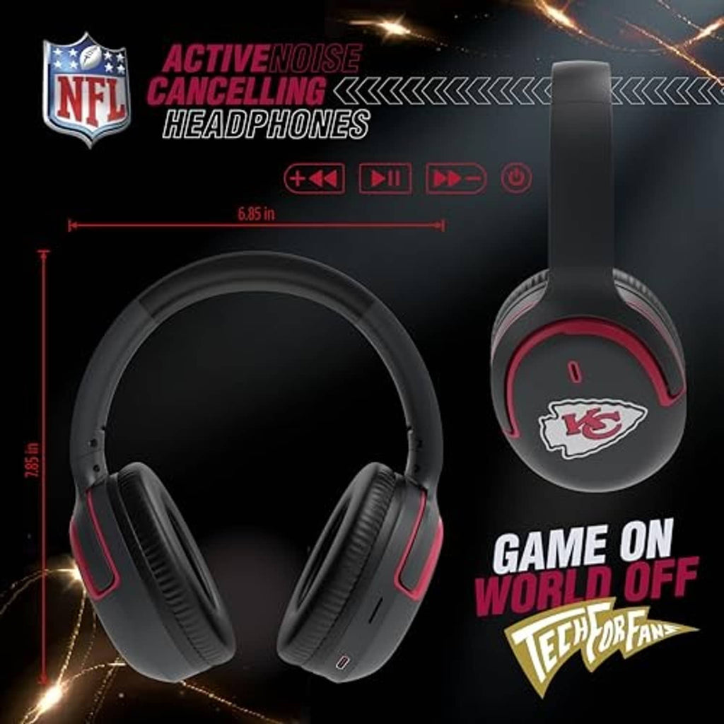 Dark gray over-ear headphones with red inner accents and Packers logo, shown with size markers
