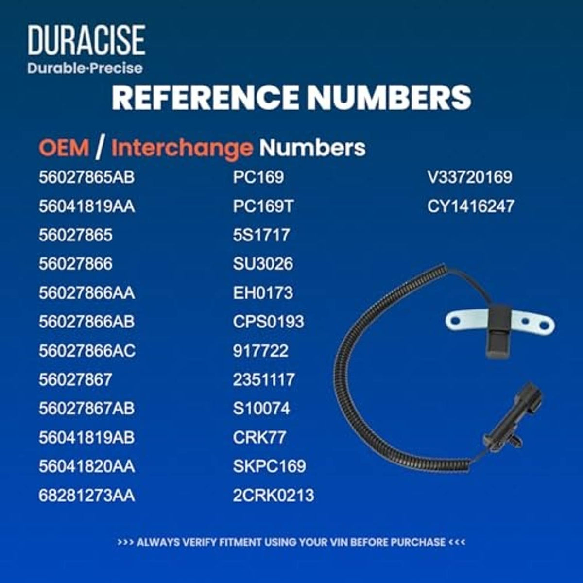Crankshaft position sensor reference numbers chart with sensor shown in corner