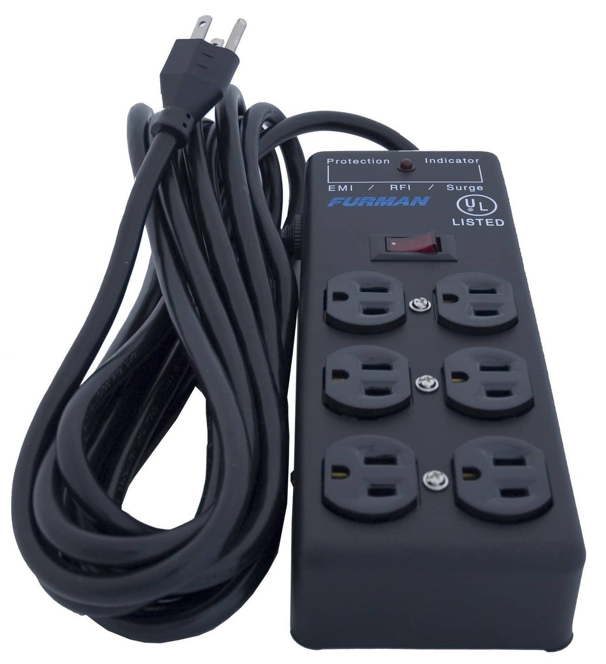 Black power conditioner with six AC outlets, indicator lights, and power cord loop