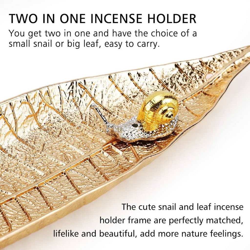 Gold leaf incense holder with carved leaf vein texture and attached snail burner