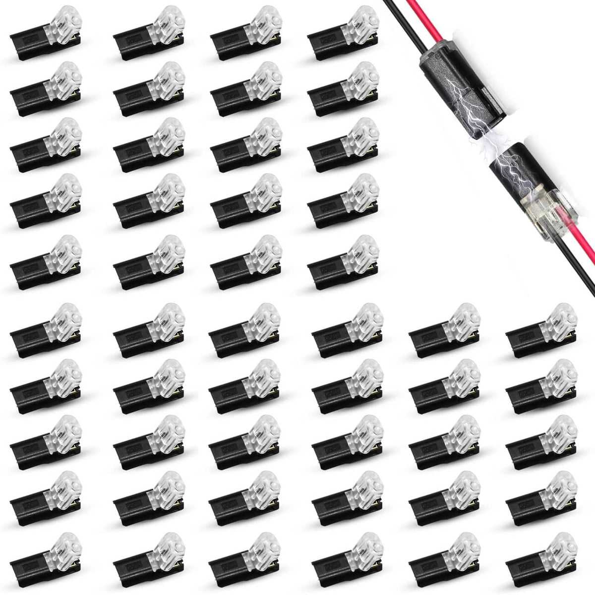 2-pin quick splice wire connectors, multiple clear ends on black housings