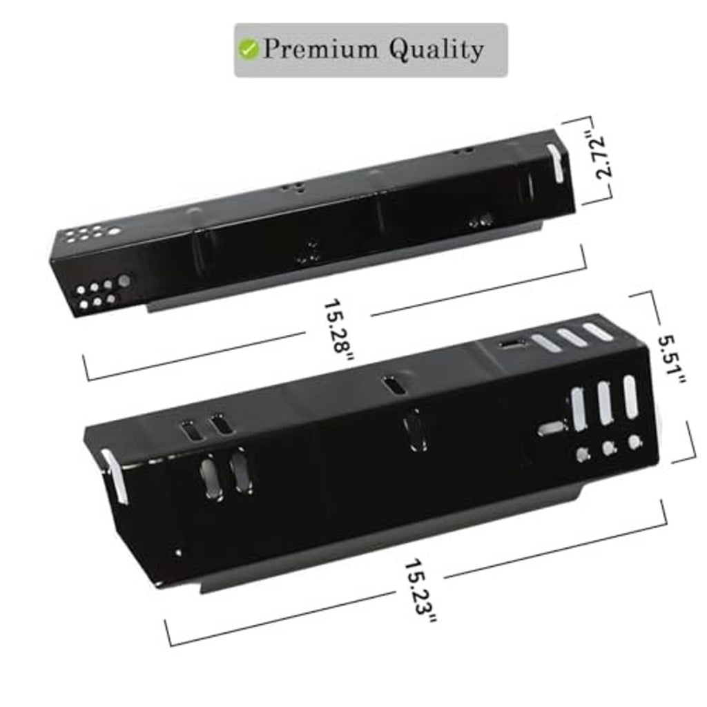 Two black heat plates with mounting slots and vent holes, with size measurements