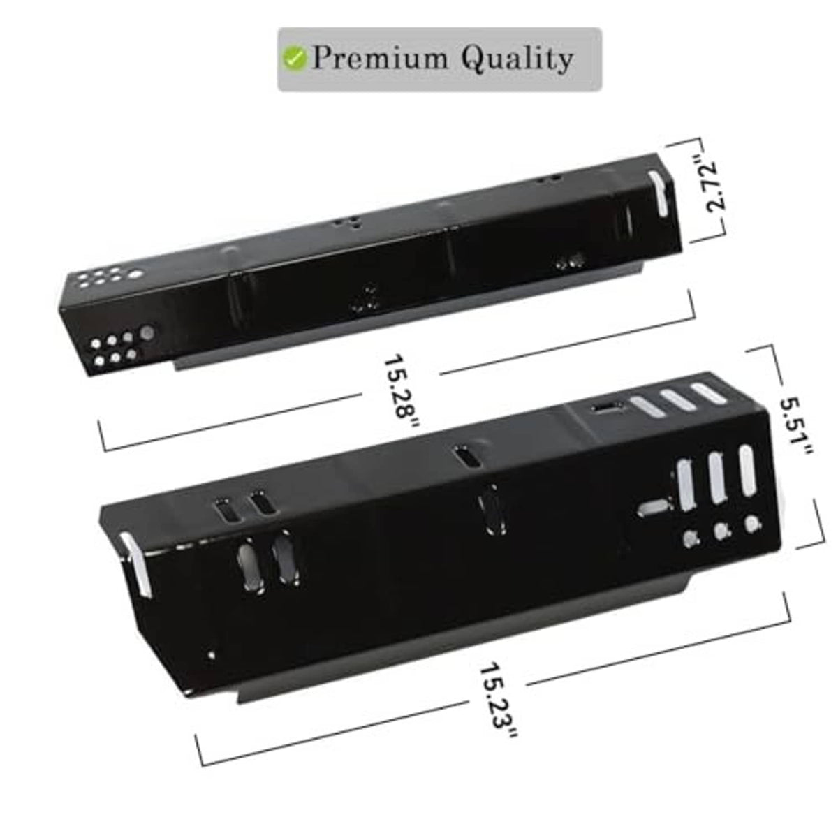 Two black heat plates with mounting slots and vent holes, with size measurements