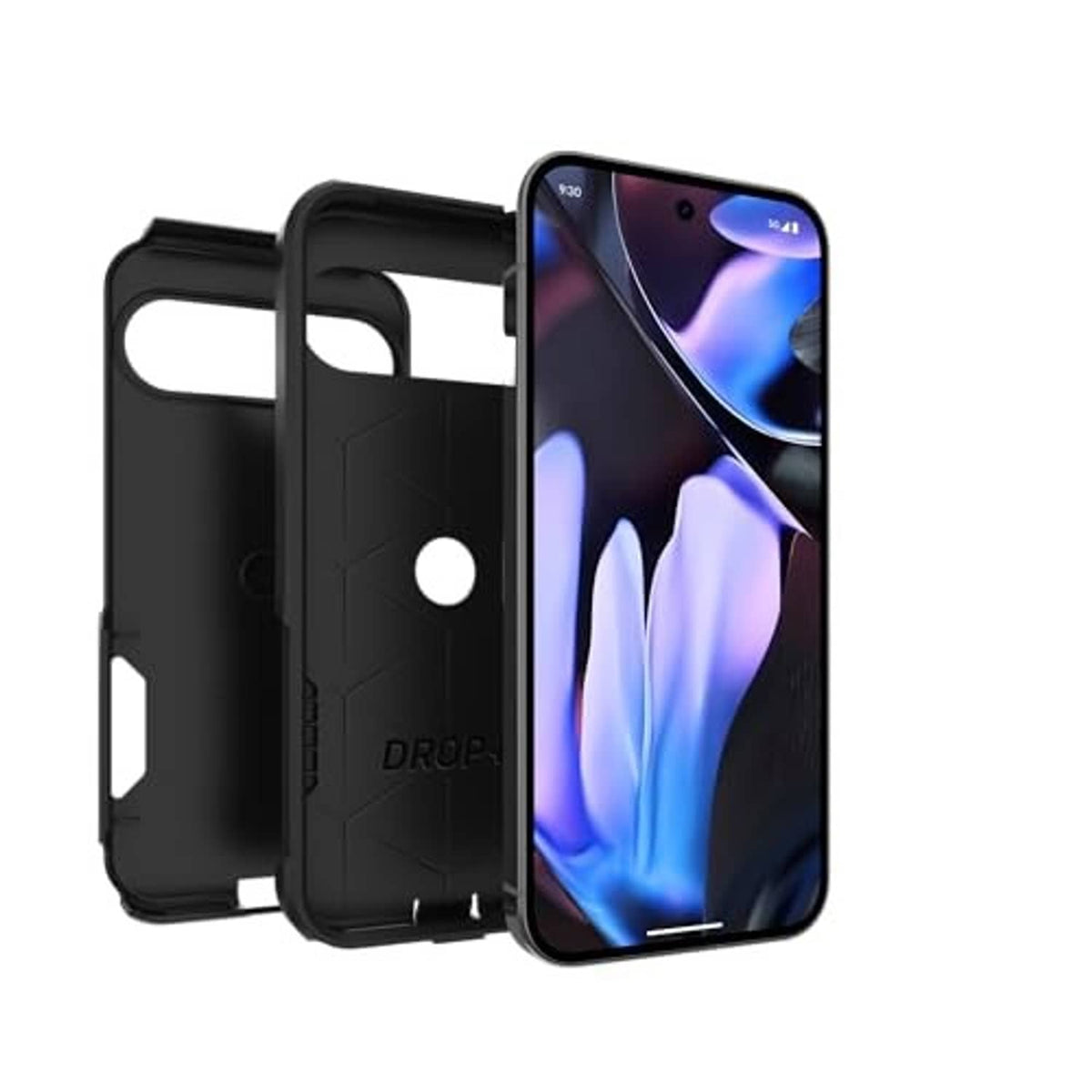 Black protective phone case shown front, back, and side with camera opening