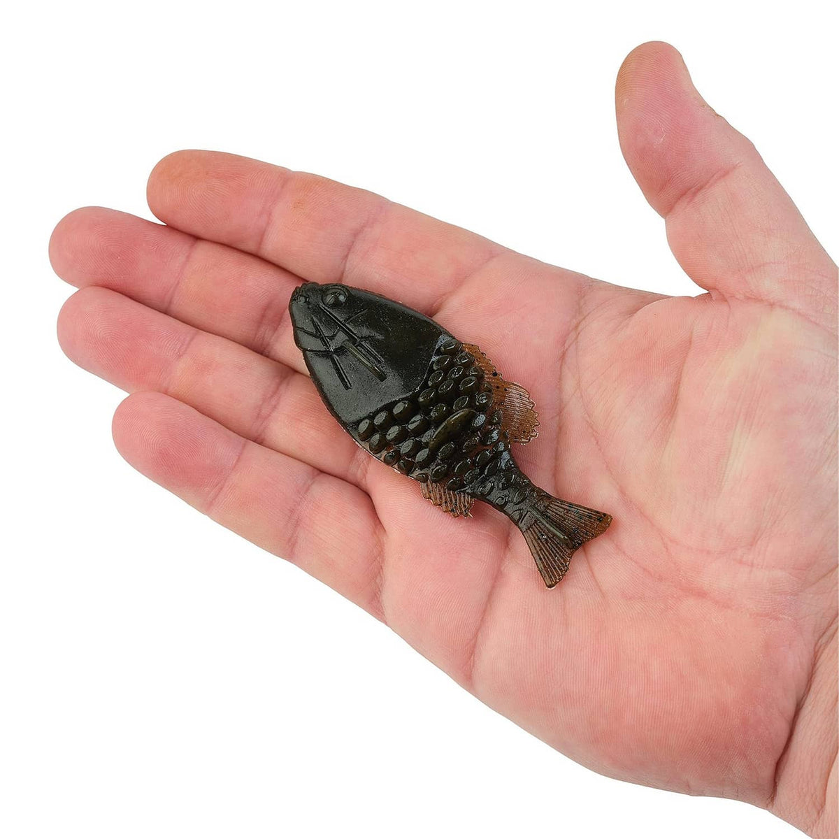 Green pumpkin gilly fishing lure in palm, dark back with golden speckle