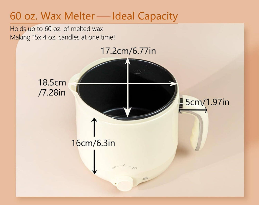 Electric wax melting pot shown with 60 oz capacity and 16 cm interior depth
