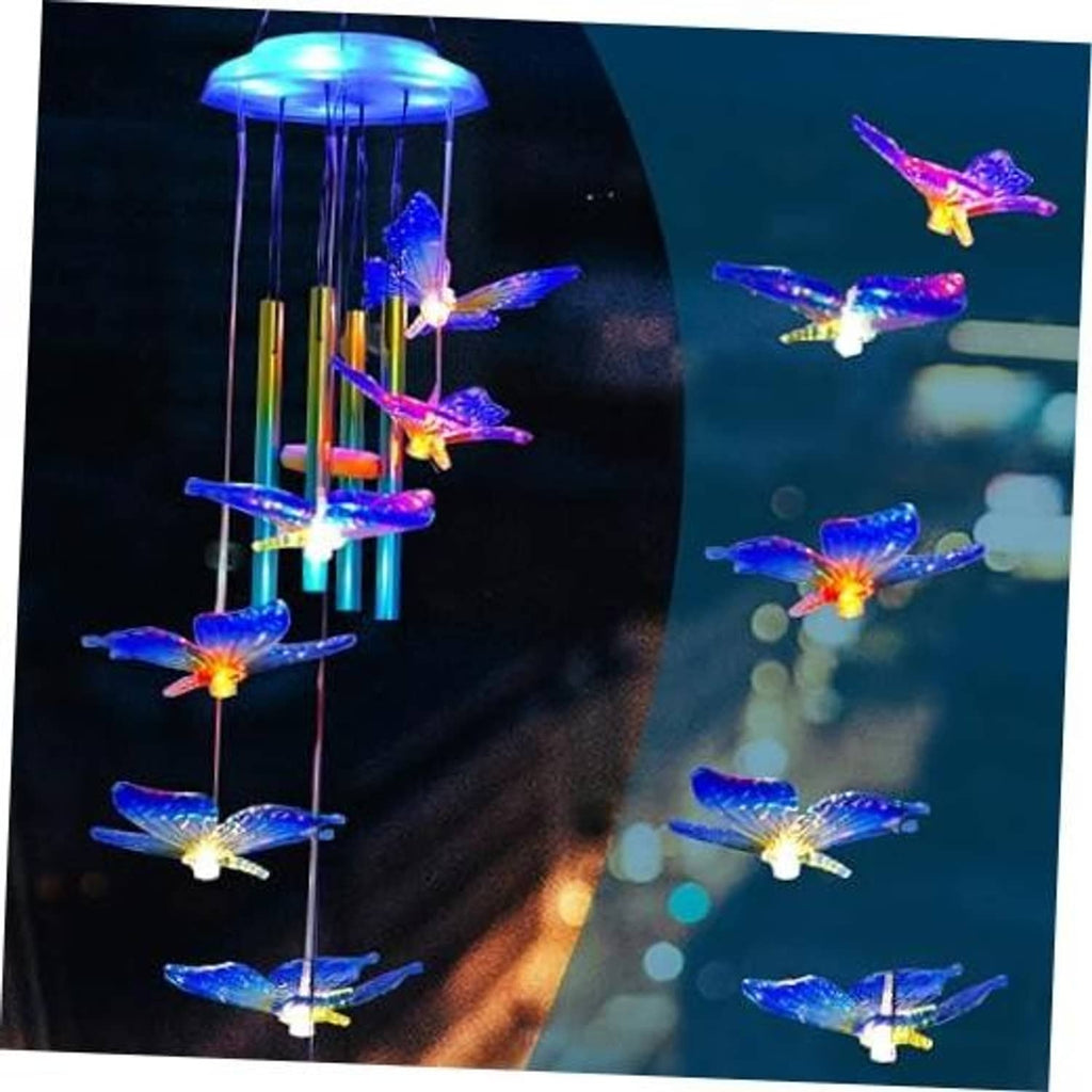 Blue solar wind chime with glowing butterfly ornaments and hanging light tubes
