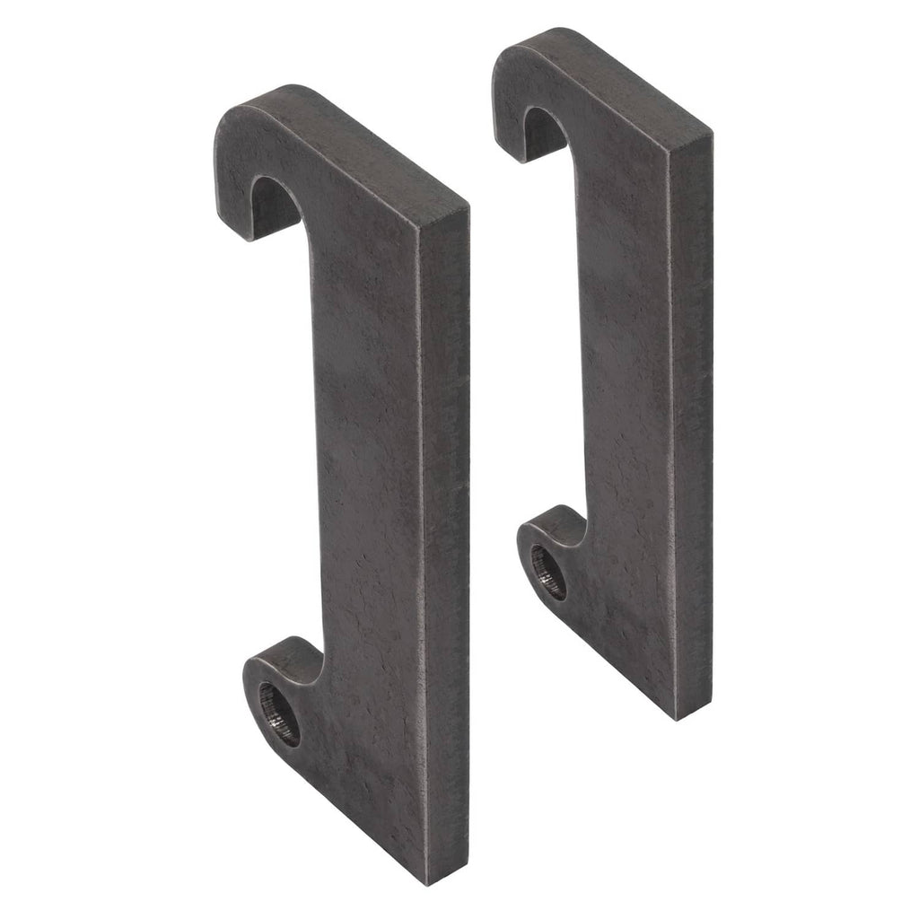 Pair of dark steel loader mount brackets shown from side with mounting holes