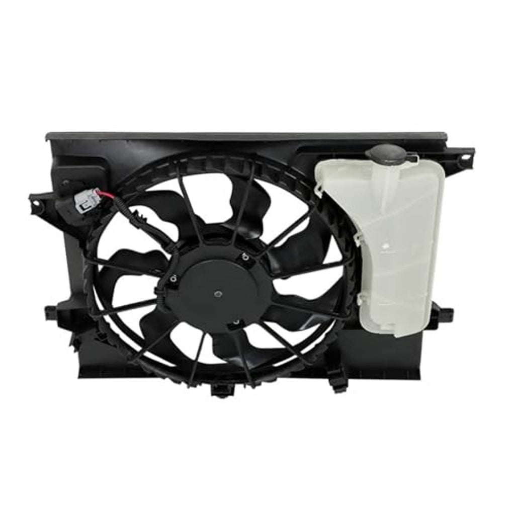 Radiator cooling fan assembly, side view with black fan and white coolant tank