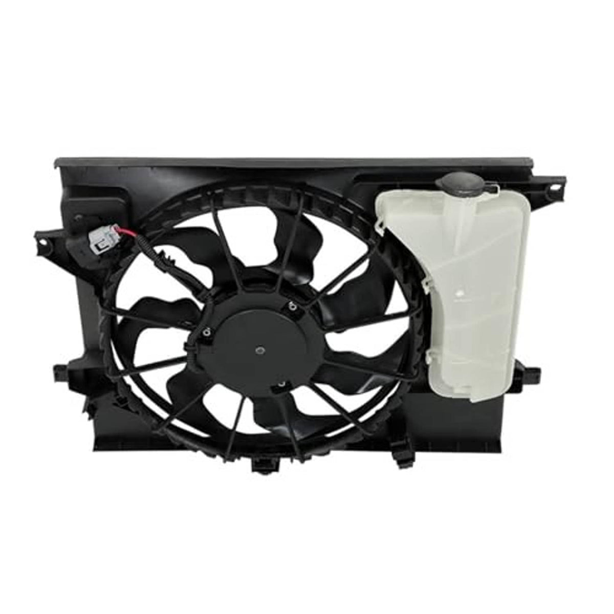 Radiator cooling fan assembly, side view with black fan and white coolant tank