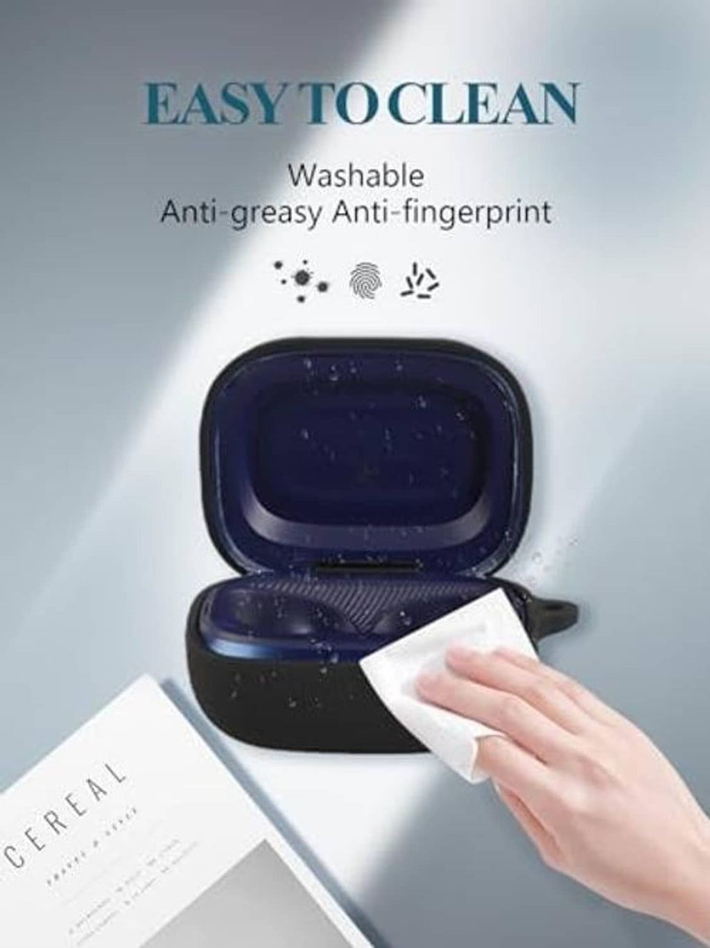 Black earbuds case with blue interior, wiped with a cloth