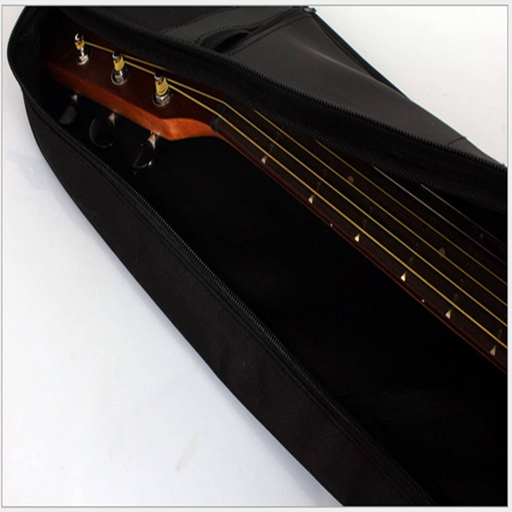 Black acoustic guitar bag interior with zipper and visible guitar headstock