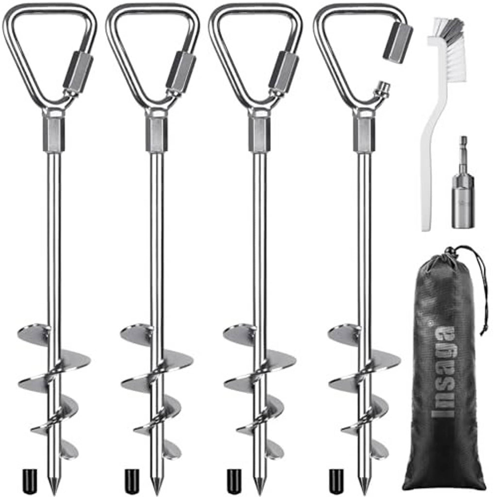 Chrome screw-in ground anchors four-pack with U-loop tops, cleaning brush, and storage bag.
