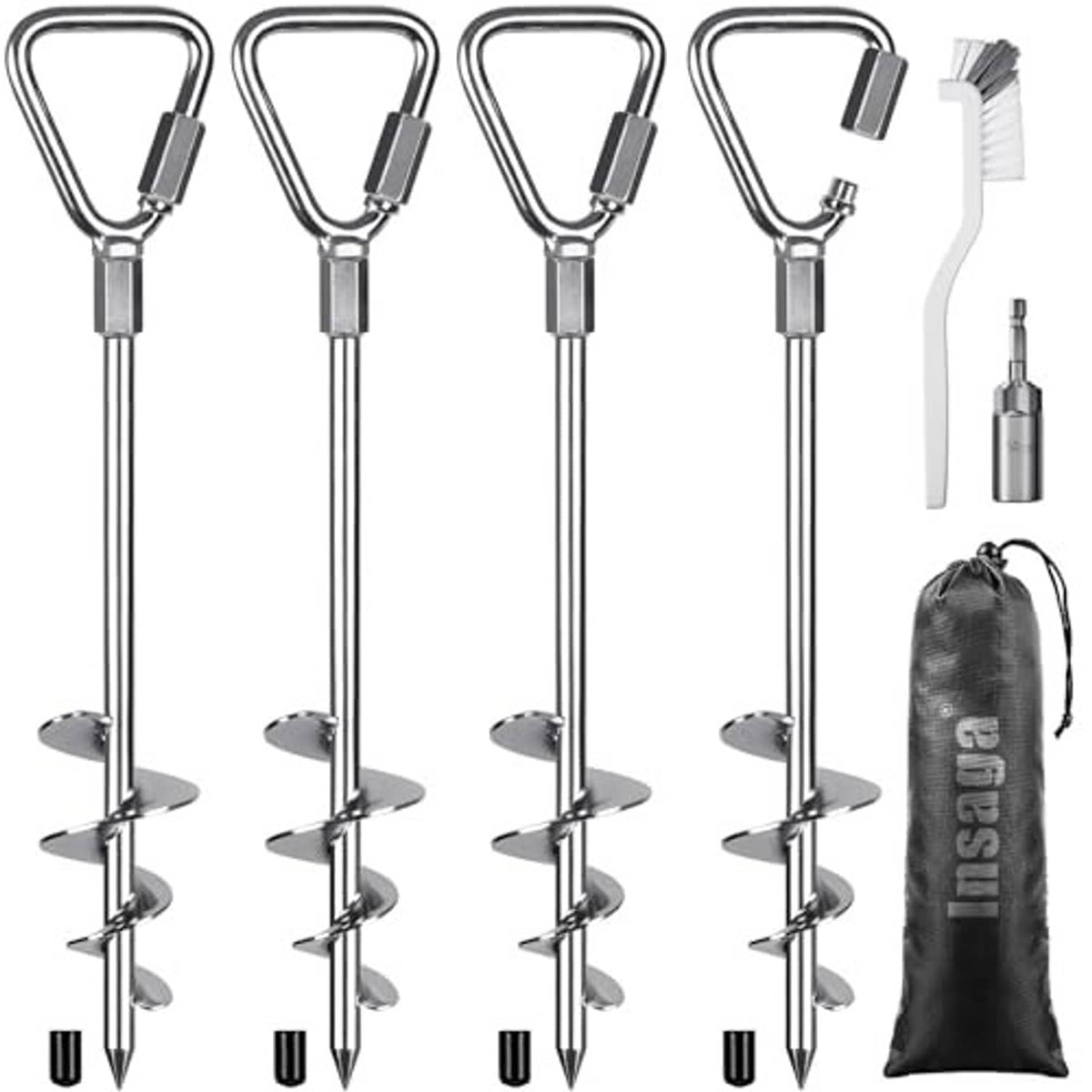 Chrome screw-in ground anchors four-pack with U-loop tops, cleaning brush, and storage bag.