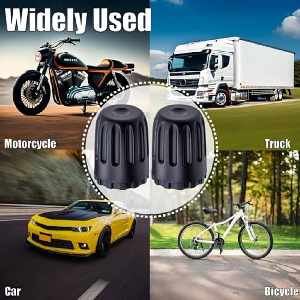 Two black ribbed TPMS valve stem caps shown for car, truck, motorcycle, and bicycle use