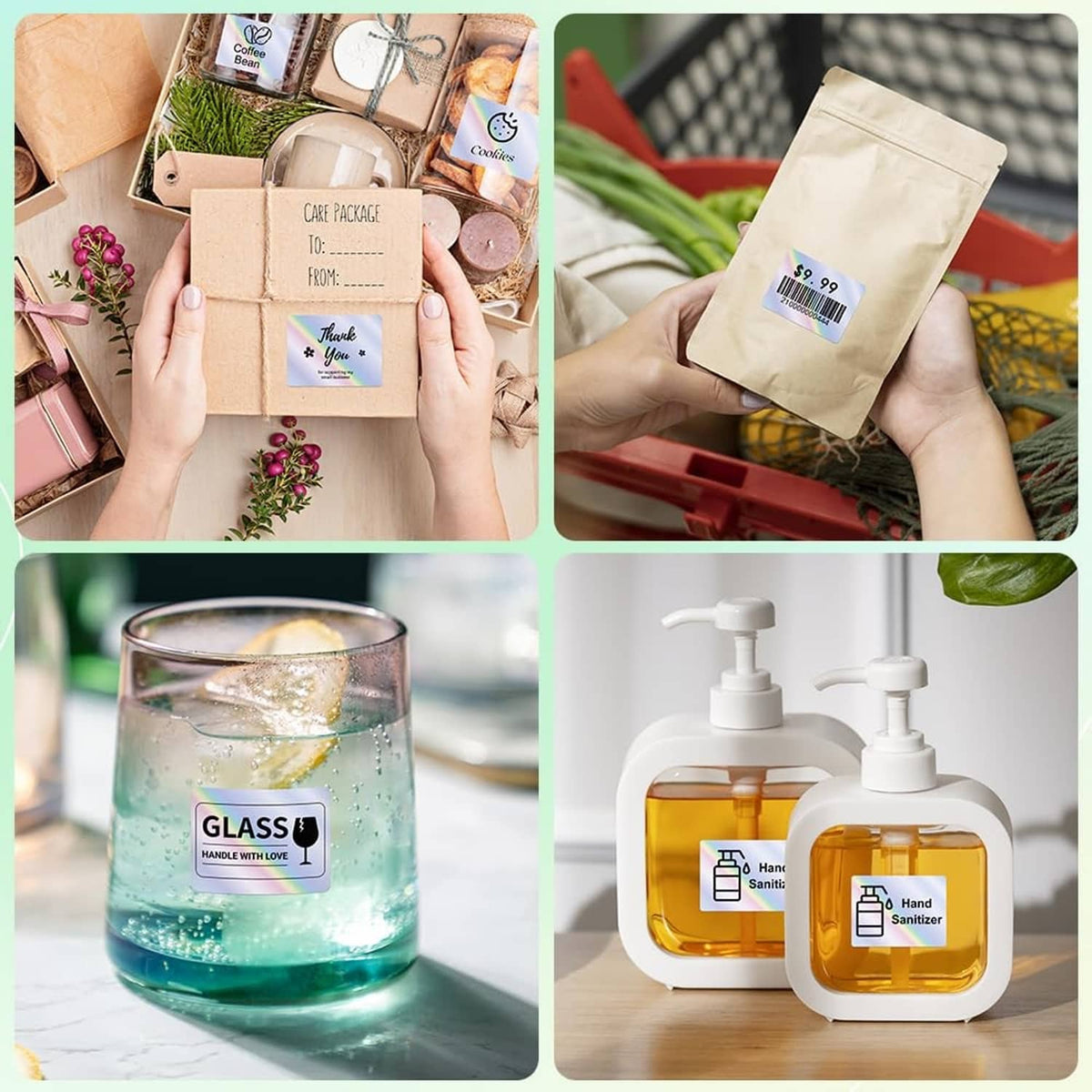 Printed labels on envelopes, gift packs, and hand sanitizer bottles
