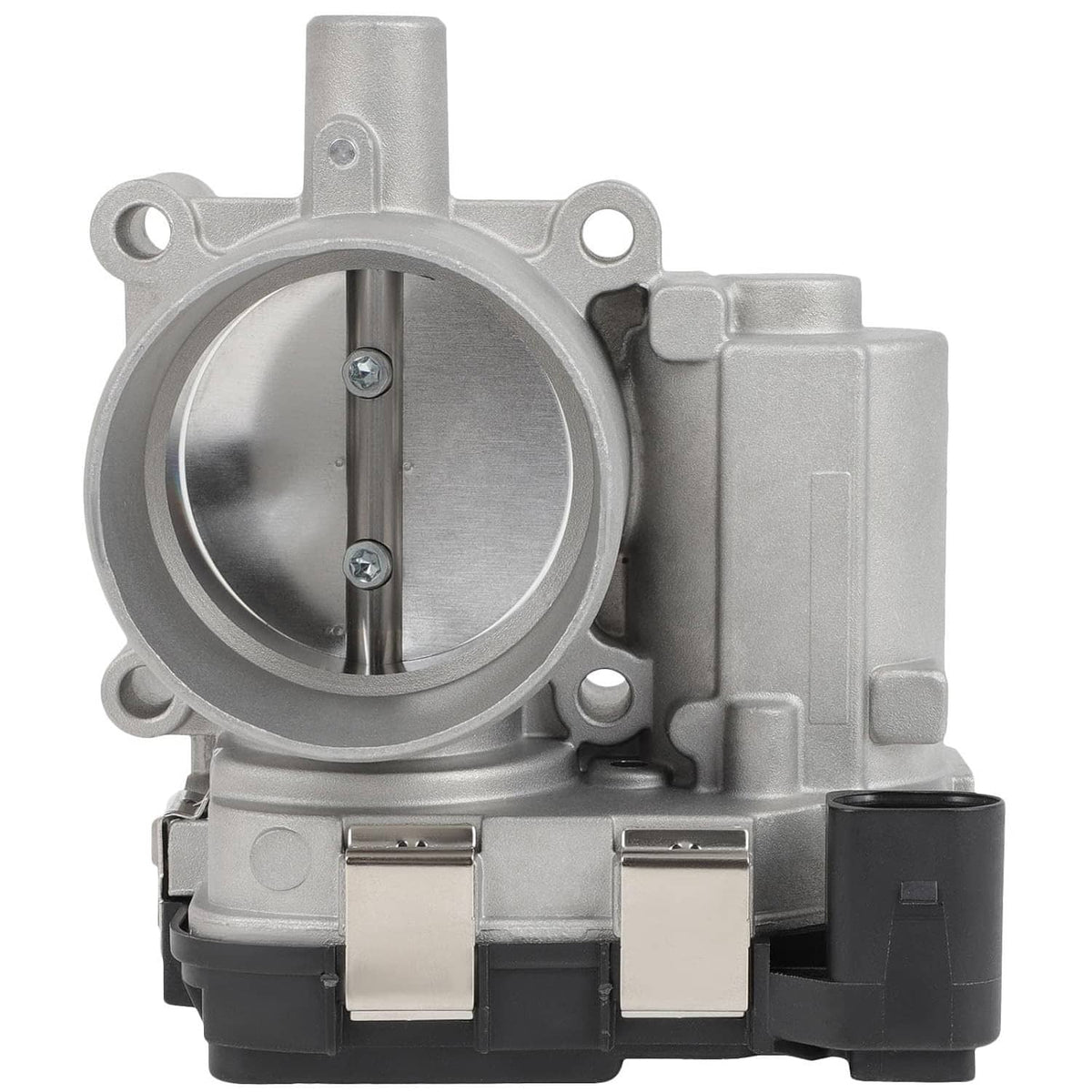 Electronic throttle body with silver aluminum housing and circular throttle bore