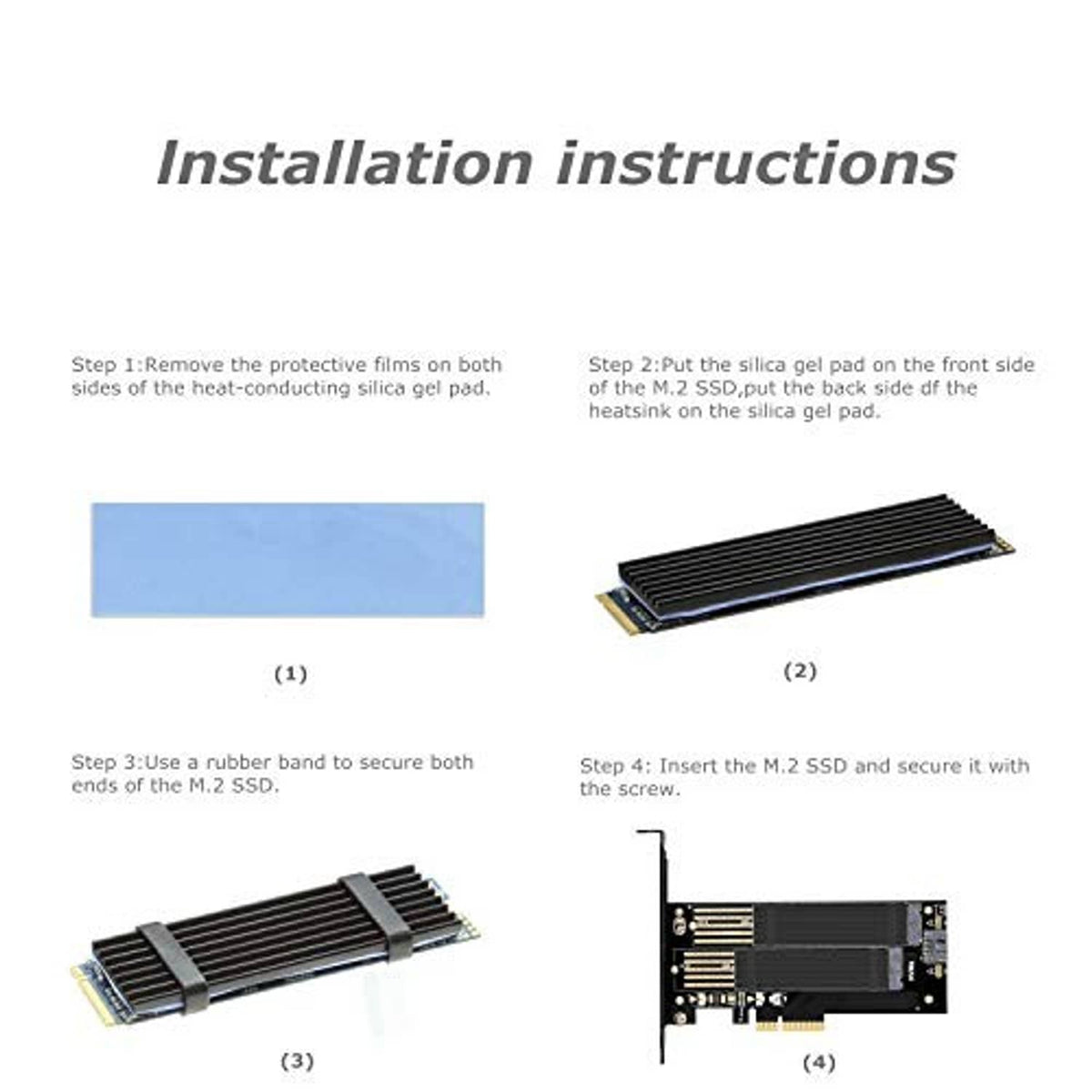 Dual M.2 SSD adapter installation showing heatsink pads and mounting steps