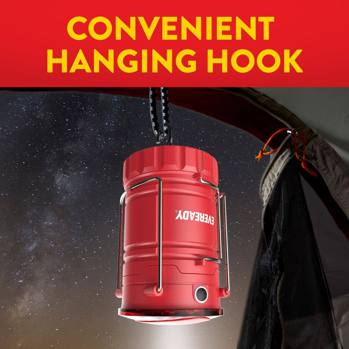 Red LED lantern hanging by a hook with a loop handle and clear light panel.