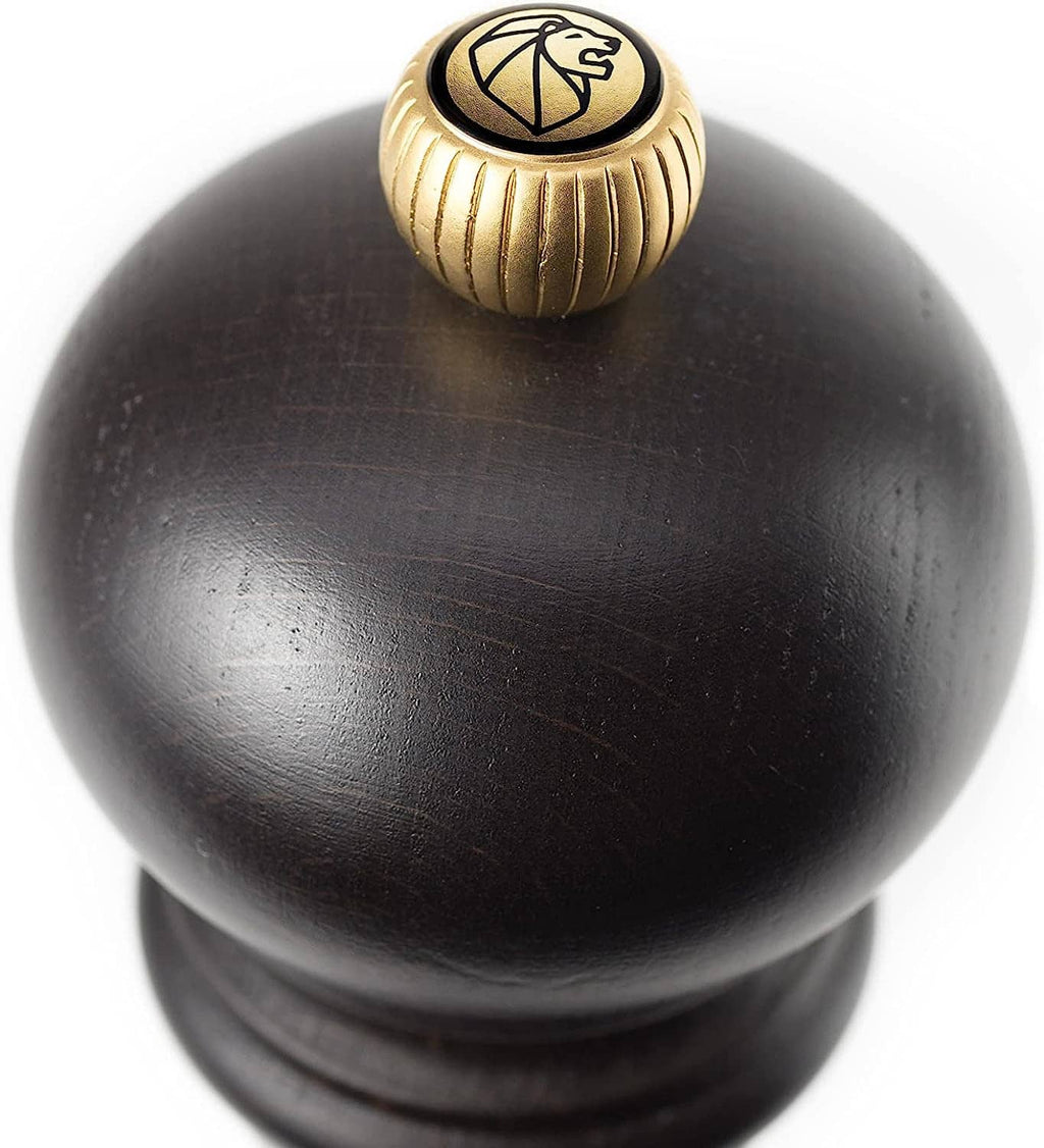 Brass top knob on chocolate wooden pepper mill with U'Select emblem