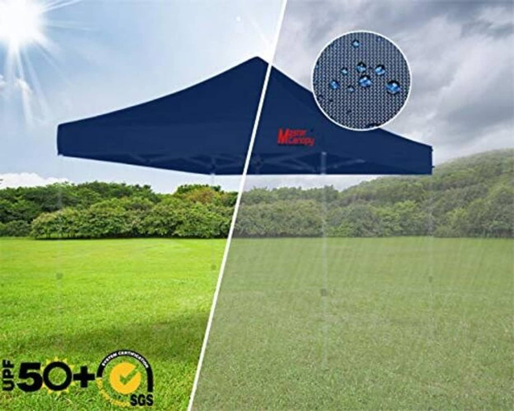 Navy canopy top fabric close-up with water-resistant droplet texture